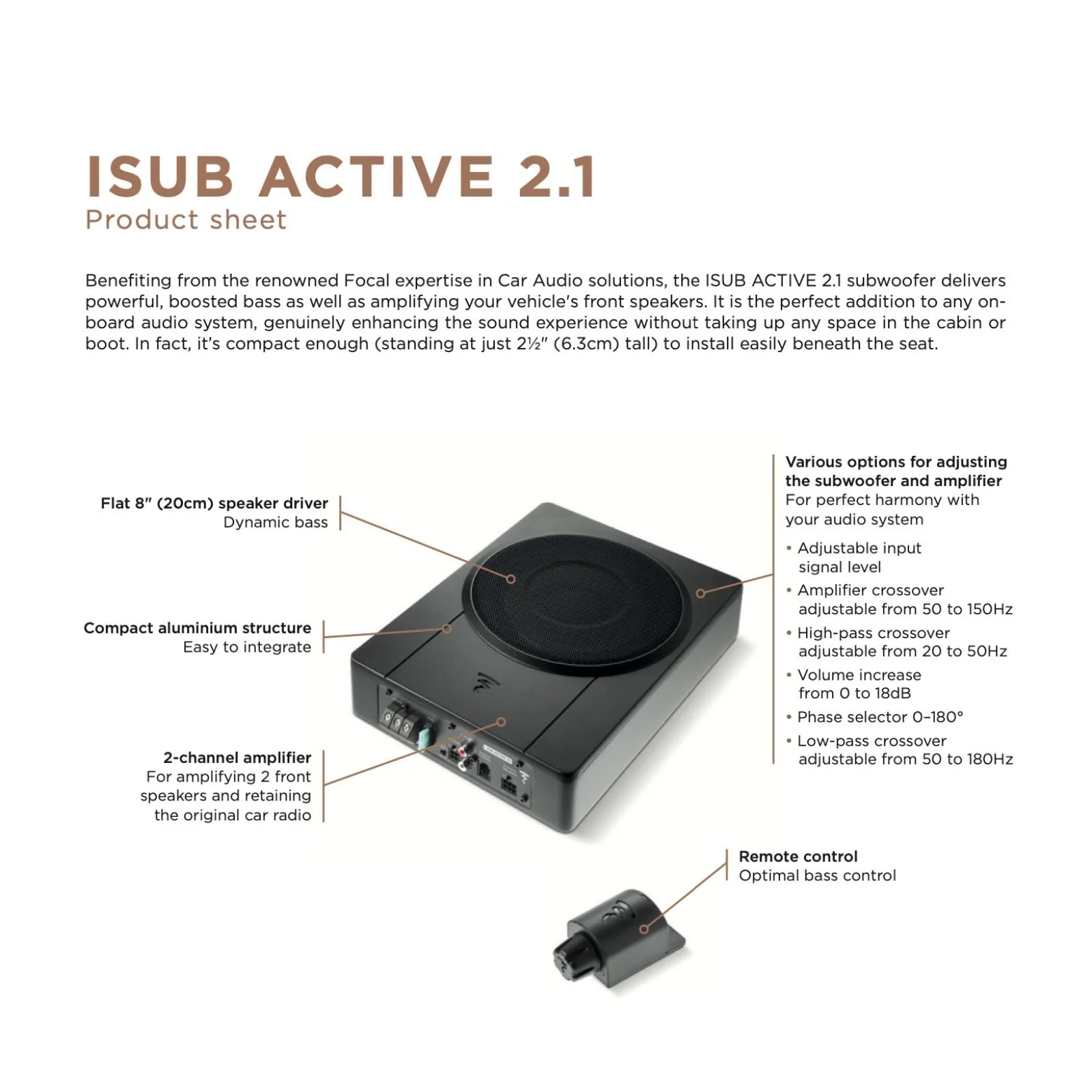 Focal ISUB Active 2.1 Compact Underseat Car Subwoofer with 2 Channel Amplifier - Image 6