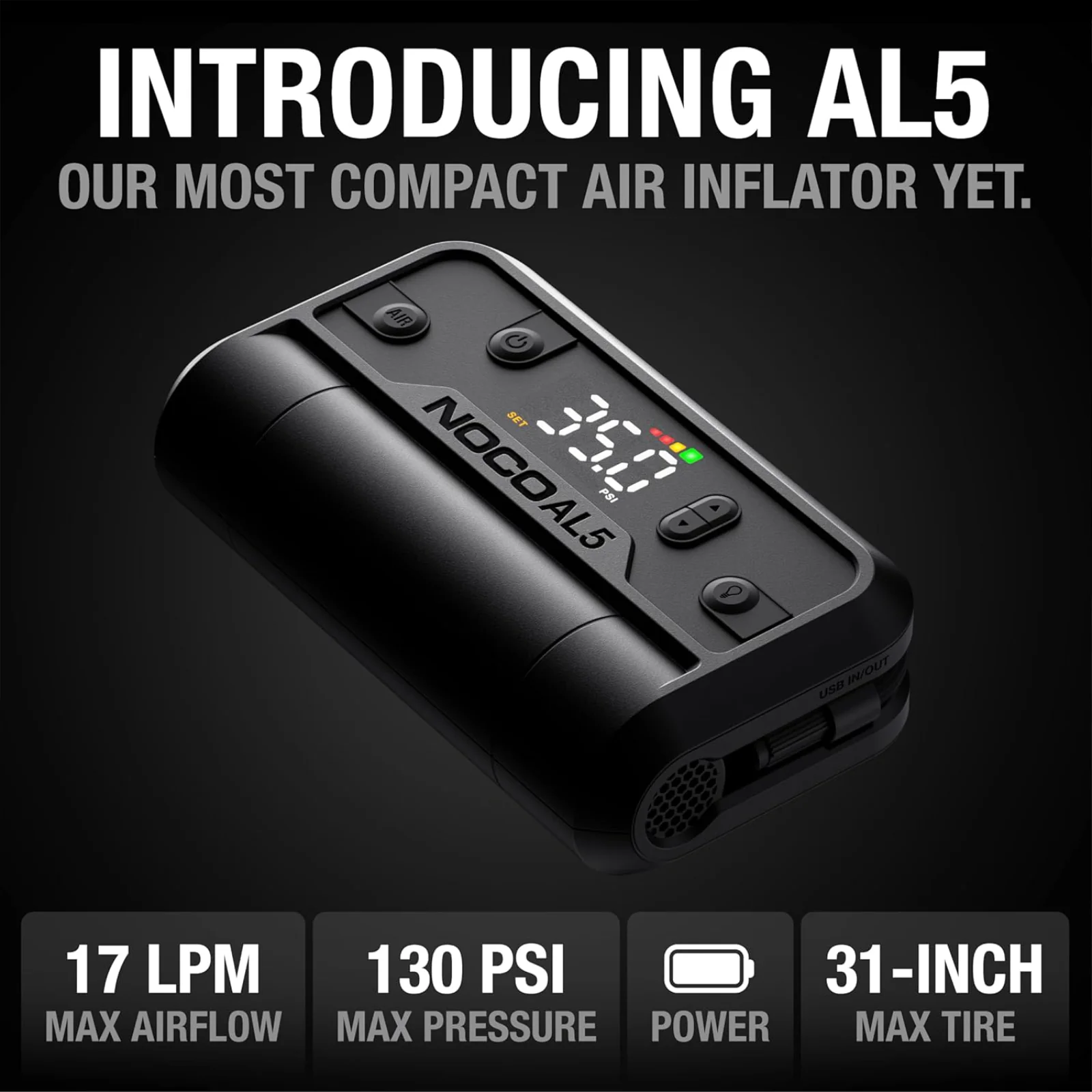 NOCO AL5 Portable 5A 130 PSI Lithium Air Compressor Tyre Inflator for Cars Bikes - Image 4