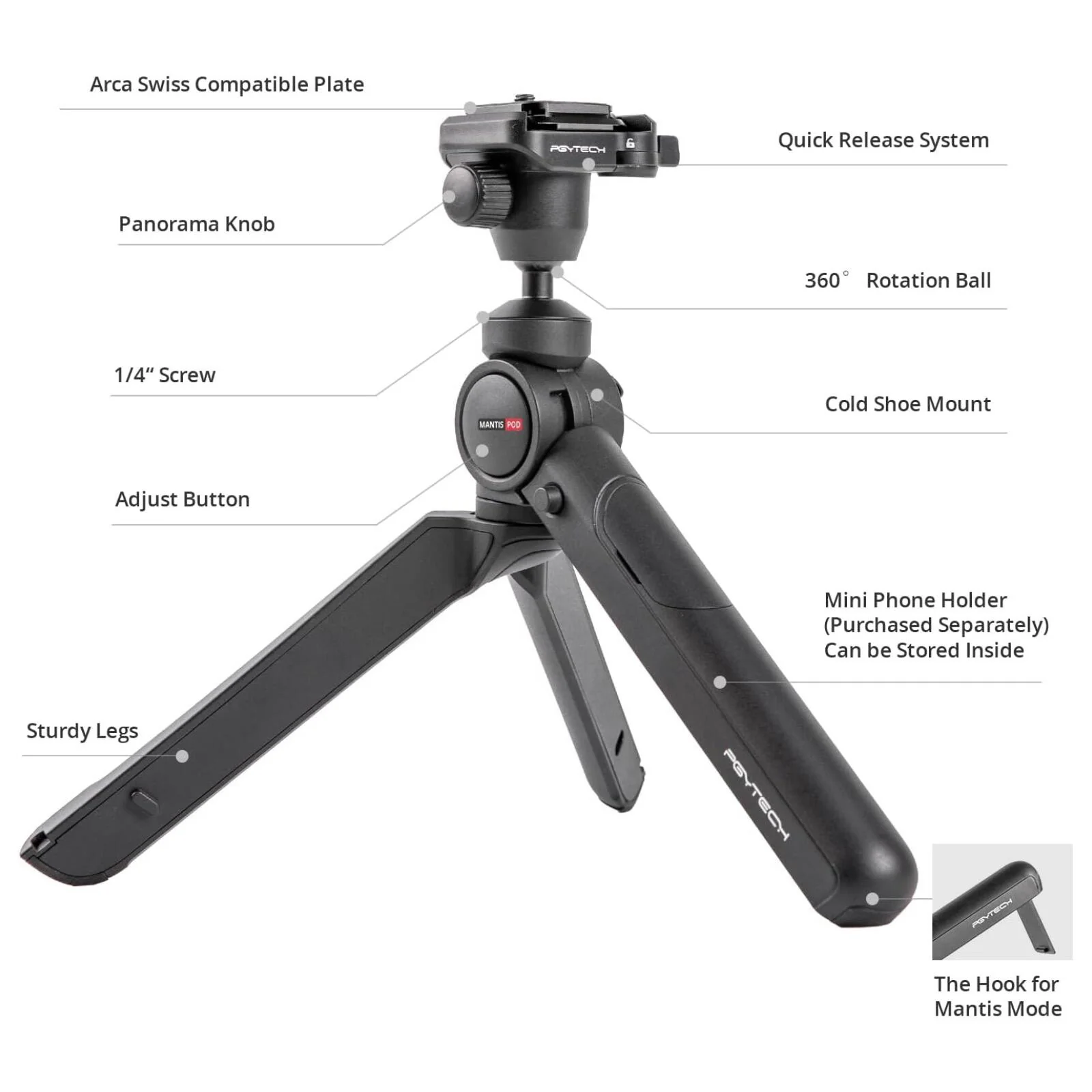 PGYTECH MantisPod 2.0 Mirrorless Camera Travel Vlogging Tripod with Ball Head - Image 4