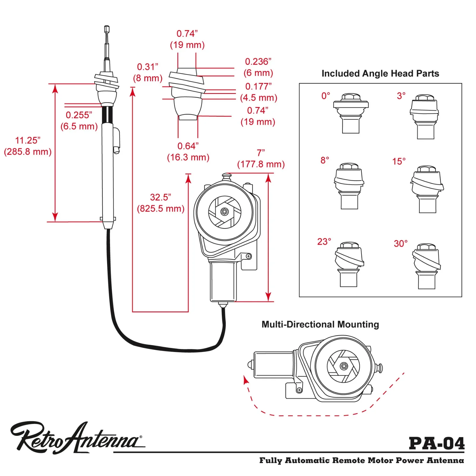 RetroSound PA04 Fully Automatic Electric Power Antenna Aerial and Mounting Heads - Image 3
