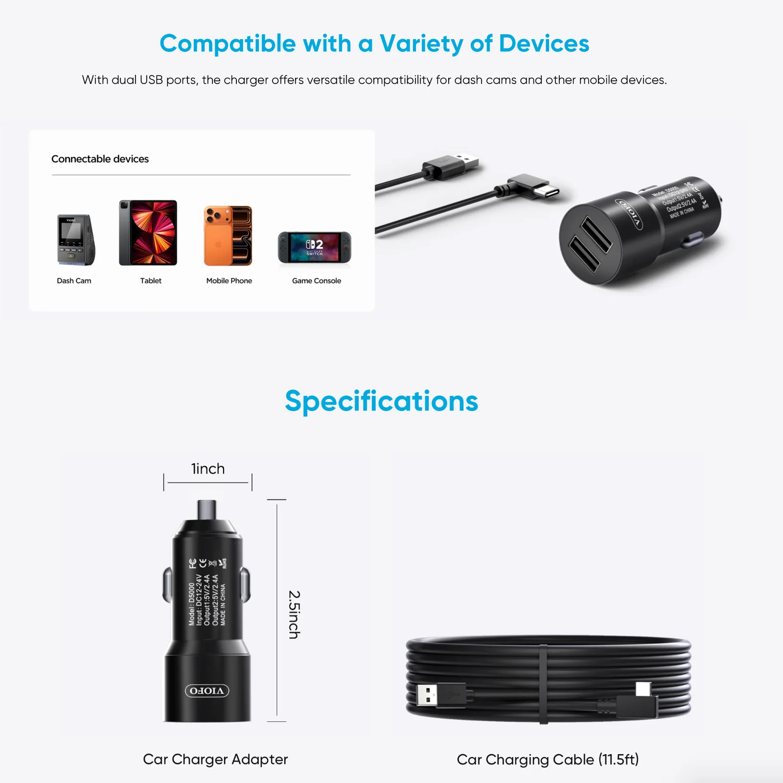 Viofo D5000 Dual USB A Cigarette Car Charger for A229 Series A119 Mini Dash Cam - Image 3